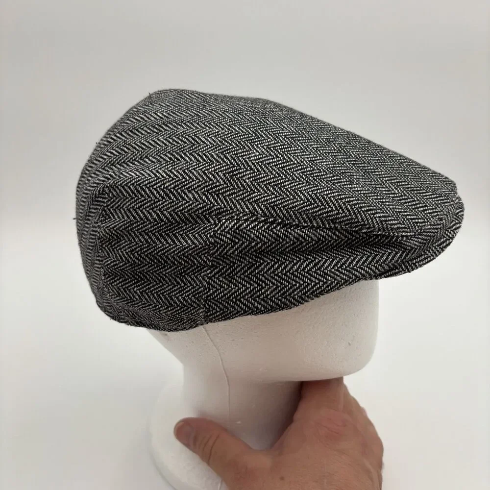 Mens Herringbone Flat Cap Black White 30% Wool Blend Newsboy Ivy Driving Hat